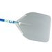 A silver pizza peel with a blue and white handle.