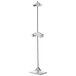 A chrome metal stand with a metal pole and three shelves.