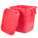 A red Rubbermaid BRUTE plastic bin with a snap-lock lid.