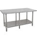 An Advance Tabco stainless steel work table with an undershelf and legs.