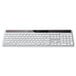 A white Logitech full size wireless solar Mac keyboard with black keys and border.