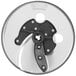 A silver circular metal slicing disc with a black handle.