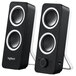 A pair of black and white Logitech Z200 stereo speakers.