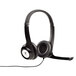A close-up of a black Logitech H390 headset with a noise-canceling microphone.