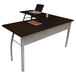 A Linea Italia Trento L-shaped desk in mocha and gray with a laptop and a book on it.