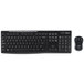 A black Logitech wireless keyboard with white letters and a black and grey computer mouse.