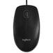 A black Logitech B100 wired computer mouse with a cord and a button.