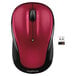 A close up of a red and black Logitech M325 wireless computer mouse.