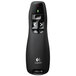 A close up of a Logitech matte black wireless presenter with buttons.