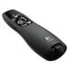 A Logitech matte black wireless presenter with buttons.