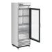 A True 27-inch glass door refrigerator with shelves.