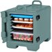 A slate blue Cambro front loading tray and food pan carrier full of food.