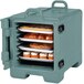 A slate blue Cambro front loading tray and food pan carrier with trays and food inside.