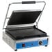 A Globe commercial panini grill with a blue handle.