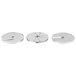 A group of silver circular metal discs with holes.