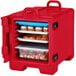 A red Cambro front loading tray and food pan carrier filled with food.