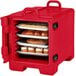 A red Cambro food pan carrier with food on trays inside.