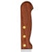 A Mercer Culinary Praxis curved bread knife with a rosewood handle and brass rivets on a wooden surface.