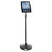 A black Kantek tablet stand on a pole with wheels.