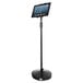 A Kantek black adjustable tablet floor stand with a tablet on it.