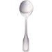 A silver Walco Saville bouillon spoon with a white background.