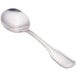 A close-up of a Walco Saville stainless steel bouillon spoon with a silver handle.