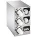 A stainless steel Vollrath countertop cup dispenser with three slots holding a white cup.