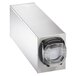 A silver stainless steel Vollrath LidSaver countertop lid dispenser with a clear round lens on top.