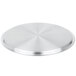 A silver circular Vollrath Arkadia pot cover with a circular pattern.