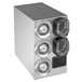 A silver Vollrath countertop cup dispenser with four round knobs.