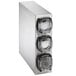 A stainless steel Vollrath LidSaver 3-slot vertical countertop lid dispenser.