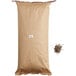 A brown bag with a white label that reads "Reist 50 lb. Blue Butterfly Popcorn Kernels" next to a pile of popcorn kernels.