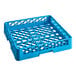 A blue plastic Carlisle bowl rack with holes.