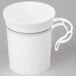 A white plastic coffee mug with a silver stripe.
