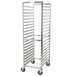 A Regency stainless steel sheet pan rack with wheels.