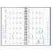 A white spiral bound calendar page with blue and green text and designs.