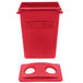 A red plastic Rubbermaid Slim Jim trash can with a 2 hole lid.