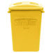 A yellow Rubbermaid Slim Jim rectangular trash can with a lid with 2 holes.