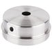 A silver round metal lid with a hole in the center.