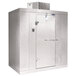 A white metal Norlake Kold Locker walk-in freezer with a white door open.