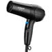 A black Conair hair dryer with a blue cord.