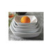A stack of square white Princesquare bowls with an orange in one