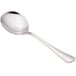 A close-up of a Walco stainless steel bouillon spoon with a silver handle.