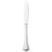A silver knife with a black handle on a white background.