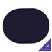 A blue oval placemat with white text.
