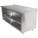 A stainless steel kitchen cabinet with two shelves.