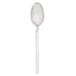 A Walco stainless steel dessert spoon with a white handle.
