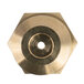 A close-up of a brass threaded hexagon.