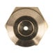 A close-up of a circular brass threaded nut with a hexagon shape.
