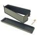 A rectangular metal box with a lid open.